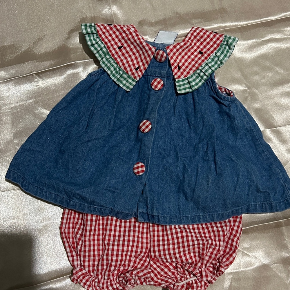 Vintage toddler denim dress red and green gingham sz 3-6m